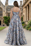 Corsé azul: Vestido largo floral con cuello cuadrado estampado en línea y abertura