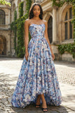 Corsé floral azul A-Line sin tirantes y vestido largo de satén