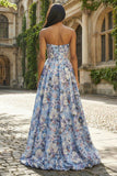 Corsé floral azul A-Line sin tirantes y vestido largo de satén