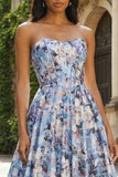Corsé floral azul A-Line sin tirantes y vestido largo de satén