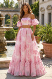 Rosa A Línea Sin Hombros, Vestido largo Jacquard con encaje en la espalda