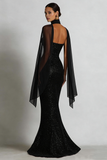 Vestido Maxi de Sirena Negra Brillante con Sacrf en el cuello