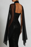 Vestido Maxi de Sirena Negra Brillante con Sacrf en el cuello