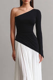 Vestido Maxi de Un Hombro Blanco y Negro