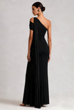 Vestido largo de satén negro de sirena de un hombro con serpentina