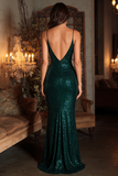 Vestido largo de tirantes largos de sirena verde oscuro y brillante