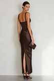 Vestido Maxi Simple de Satén de Café con Abertura