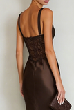 Vestido Maxi Simple de Satén de Café con Abertura