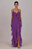 Vestido largo de ciruela de gasa con volantes y funda