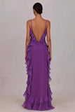 Vestido largo de ciruela de gasa con volantes y funda