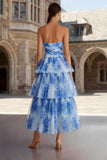 Vestido Midi sin tirantes de flor blanca azul A-Line con volantes