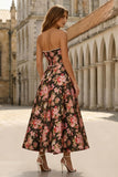 Vestido midi negro rosa con tirantes y perlas con estampado en línea A