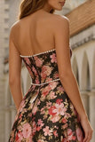 Vestido midi negro rosa con tirantes y perlas con estampado en línea A