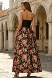 Vestido largo largo sin tirantes y floral negro estampado en línea A