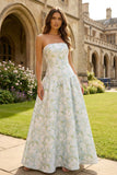 Vestido Maxi A-Line Azul Blanco Estampado de Flores Blancas Tirantes, sin tirantes