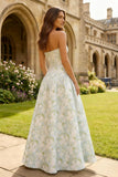 Vestido Maxi A-Line Azul Blanco Estampado de Flores Blancas Tirantes, sin tirantes