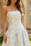 Vestido Maxi A-Line Azul Blanco Estampado de Flores Blancas Tirantes, sin tirantes