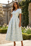 Vestido Midi de manga corta estampado en forma de flor blanca azul