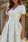 Vestido Midi de manga corta estampado en forma de flor blanca azul
