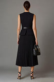 Vestido de trabajo midi negro plisado de dos piezas, cuello redondo y pliegues A