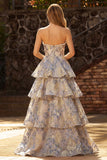 Vestido de graduación azul polvoriento Jacquard Pearl Strapless A Line Long Layered con abertura