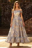 Vestido de fin de curso azul polvoriento Jacquard A Line Corsé