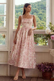 Blush Jacquard Vestido Midi de cuello cuadrado con encaje en la espalda