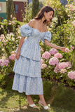 Vestido midi azul Jacquard A-Line de hombros descubiertos