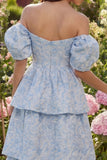 Vestido midi azul Jacquard A-Line de hombros descubiertos