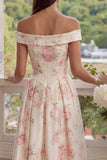 Vestido midi de flores blancas rosas, línea en forma de A y hombros descubiertos