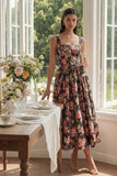 Vestido midi de cuello cuadrado de cuello cuadrado en forma de A con flor rosa negra