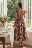 Vestido midi de cuello cuadrado de cuello cuadrado en forma de A con flor rosa negra
