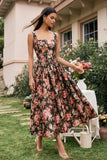 Vestido midi de cuello cuadrado de cuello cuadrado en forma de A con flor rosa negra