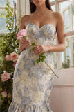Vestido Midi de Sirena Azul Polvoriento Jacquard