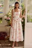 Vestido Midi de cuello cuadrado con cuello cuadrado de flor blanca rosa y muño
