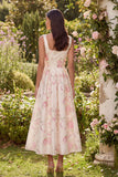Vestido Midi de cuello cuadrado con cuello cuadrado de flor blanca rosa y muño