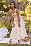 Vestido Midi de cuello cuadrado con cuello cuadrado de flor blanca rosa y muño