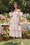 Vestido midi de flores blancas rosas, línea en A con hombro fuera del hombro