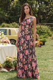 Vestido midi de satén de un hombro con flor rosa negra