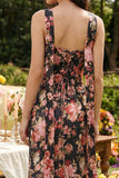 Vestido midi sin tirantes de satén de flor negra rosa