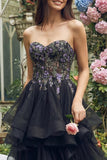 Vestido midi negro sin tirantes de organza de línea A con apliques,