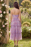 Vestido Midi de tul de tirantes sin tirantes y escaleras morado