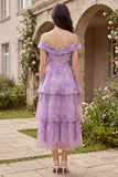 Vestido midi de tul de línea A de hombros descubiertos morado