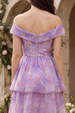 Vestido midi de tul de línea A de hombros descubiertos morado
