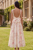 Vestido midi rosa de satén sin espalda con estampado floral en línea A con moño