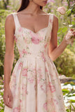 Vestido midi rosa de satén sin espalda con estampado floral en línea A con moño