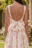 Vestido midi rosa de satén sin espalda con estampado floral en línea A con moño
