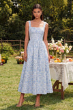 Vestido Midi azul Jacquard de cuello cuadrado A Line con cremallera trasera