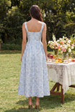 Vestido Midi azul Jacquard de cuello cuadrado A Line con cremallera trasera