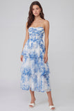 Corsé de tul de flores blancas azules Línea A sin tirantes y vestido midi escalonado